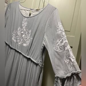 Pale blue embroidered short sleeve midi dress